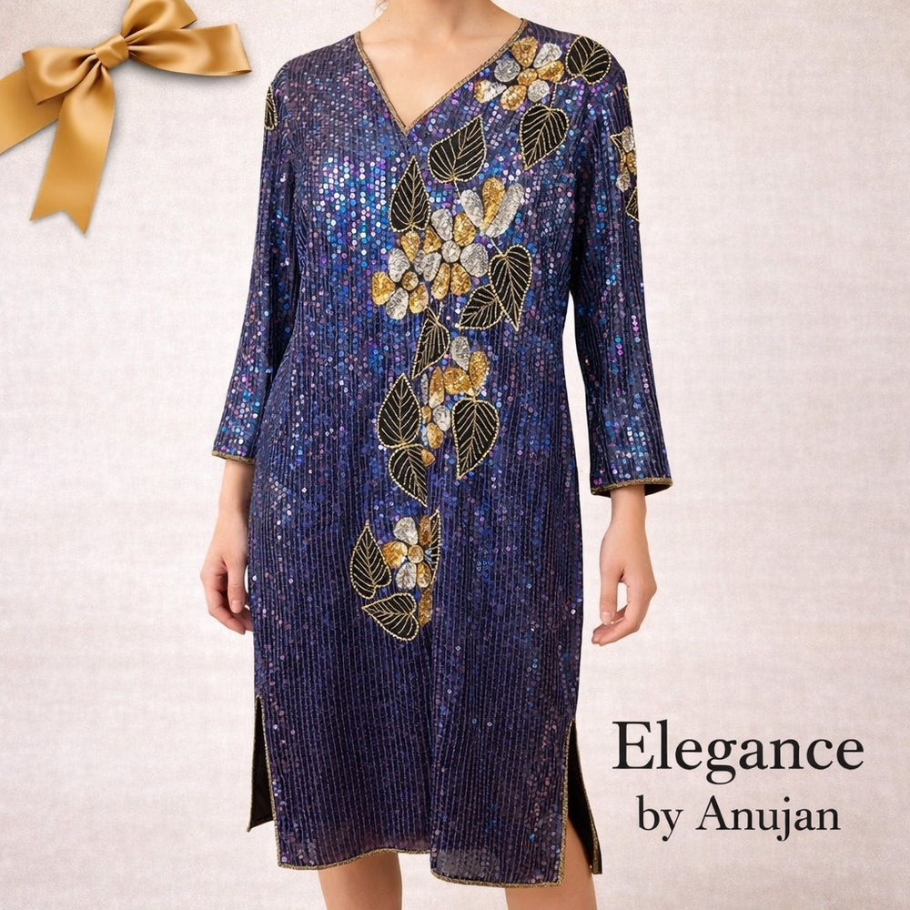 Elegance By Anujan Beaded Sequin Silk Dress S